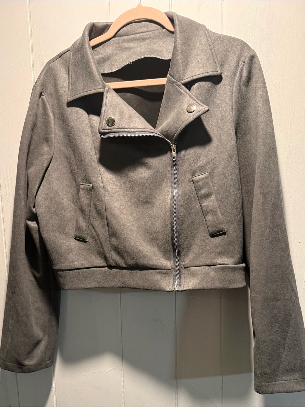 Women’s Gray Faux Suede-Look Moto Jacket